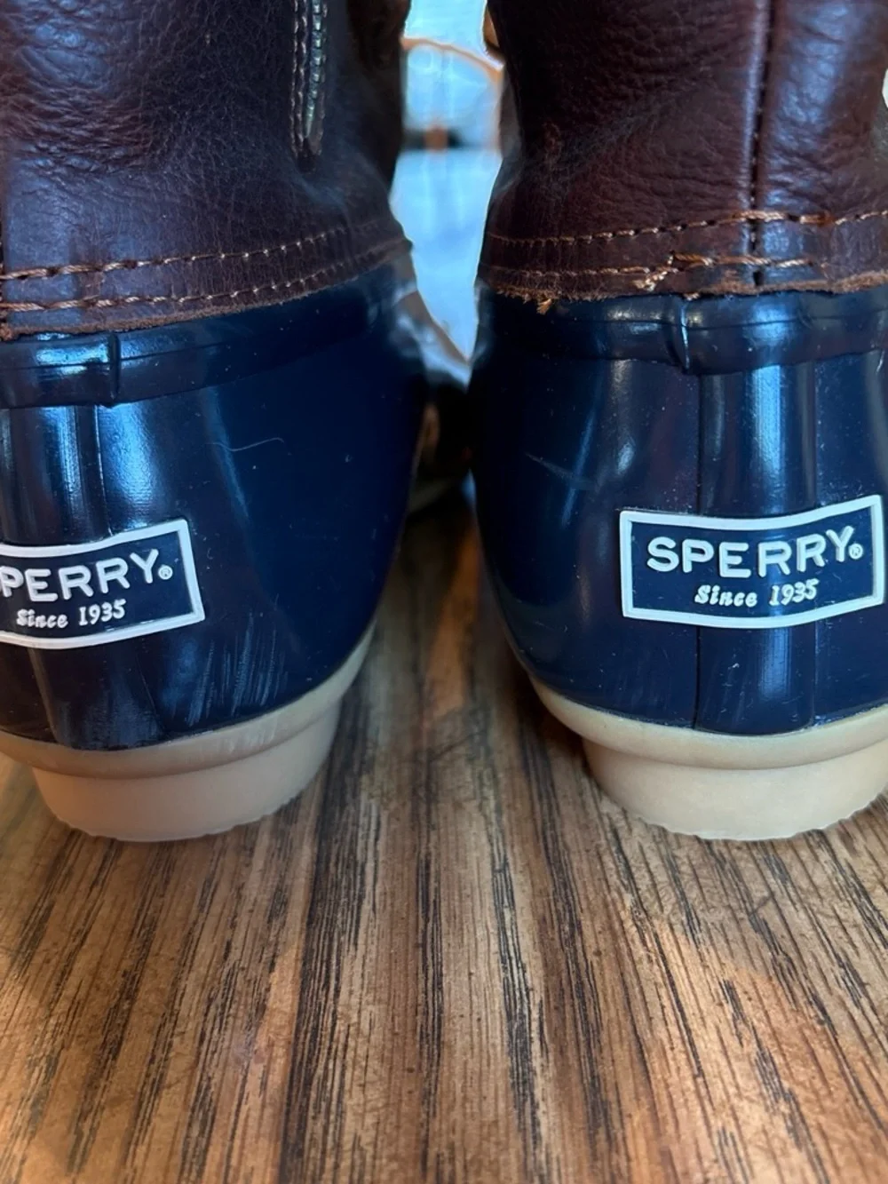 Sperry Navy Rubber & Brown Leather Kids Rain Boots